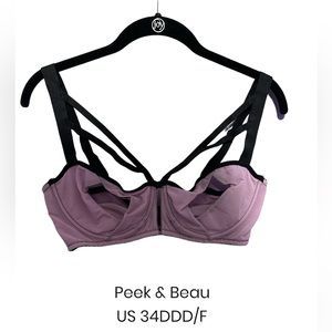 Peek & Beau Faye Lilac Peek Cup Bra Curve Black Strappy Harness US 34DDD